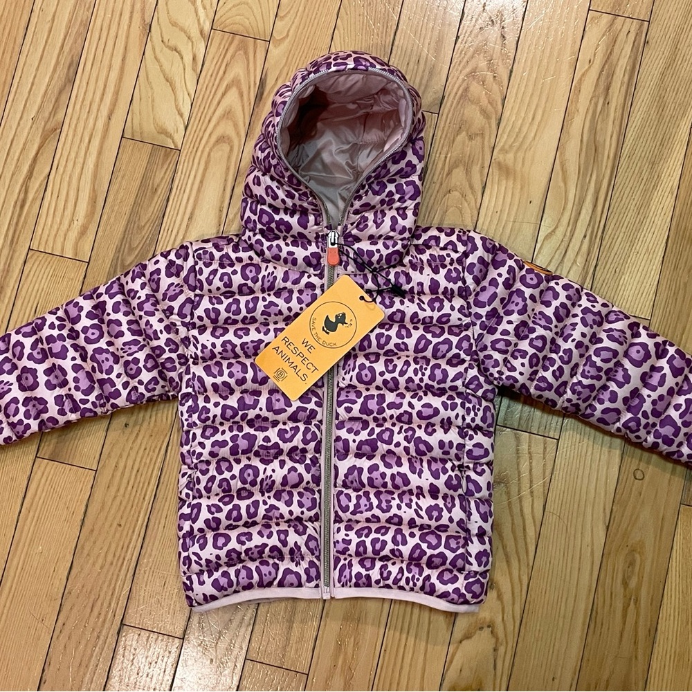 Save The Duck Toddler Size 3 Purple Pink Leopard Print Hooded Jacket NWT